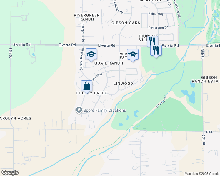 map of restaurants, bars, coffee shops, grocery stores, and more near 7727 Bellingrath Drive in Elverta