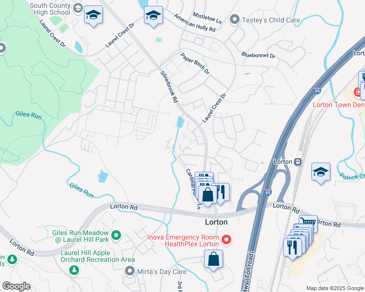 map of restaurants, bars, coffee shops, grocery stores, and more near 9203 Deer Crossing in Lorton