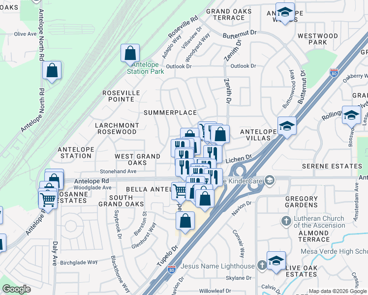 map of restaurants, bars, coffee shops, grocery stores, and more near 6349 Sorrell Court in Citrus Heights