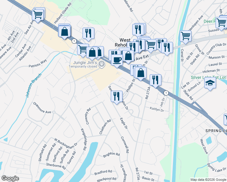 map of restaurants, bars, coffee shops, grocery stores, and more near 38 Eagle Drive in Rehoboth Beach