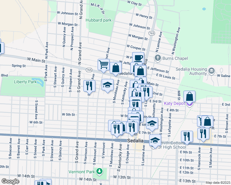 map of restaurants, bars, coffee shops, grocery stores, and more near 308 West 3rd Street in Sedalia