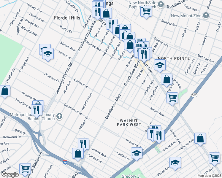 map of restaurants, bars, coffee shops, grocery stores, and more near 6334 Albertine Avenue in St. Louis