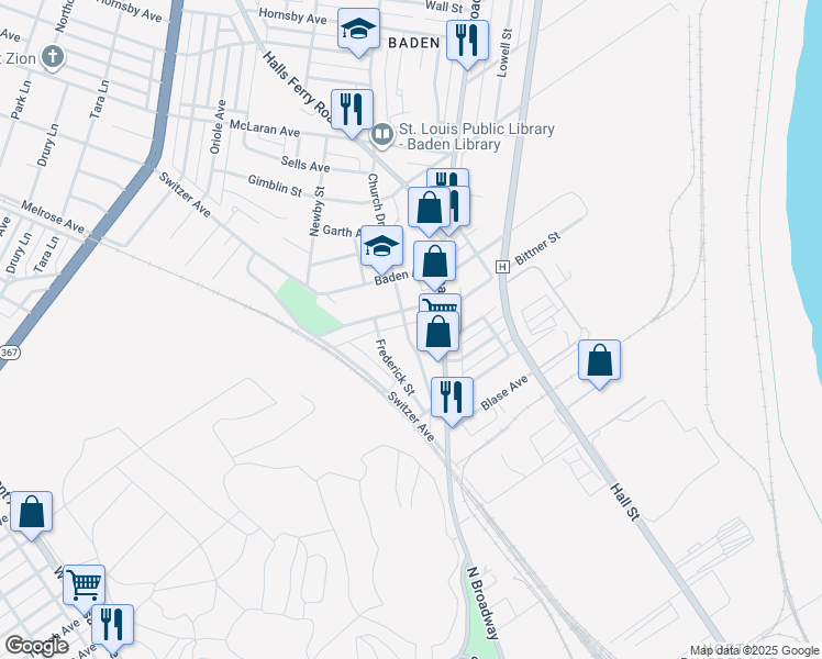 map of restaurants, bars, coffee shops, grocery stores, and more near 8034 Church Road in St. Louis