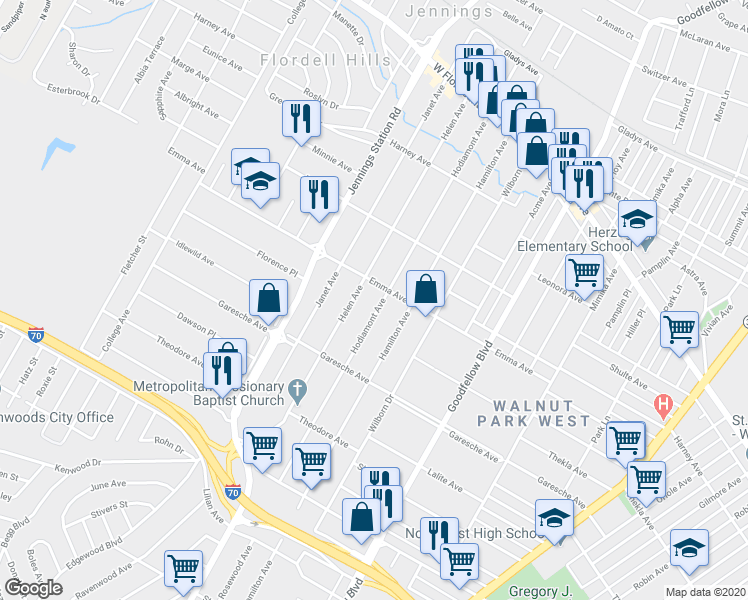 map of restaurants, bars, coffee shops, grocery stores, and more near 5463 Hodiamont Avenue in Saint Louis