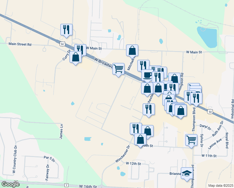 map of restaurants, bars, coffee shops, grocery stores, and more near 975 Mitchell Road in Sedalia