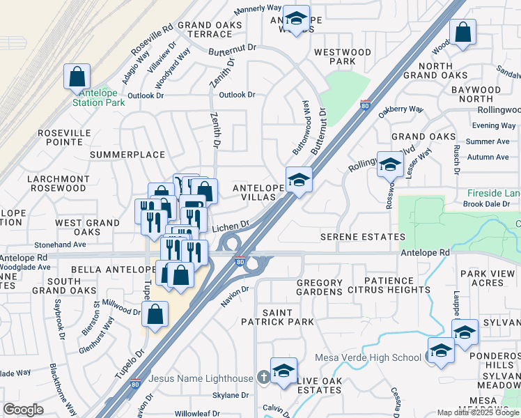 map of restaurants, bars, coffee shops, grocery stores, and more near 8001 Dicus Court in Citrus Heights