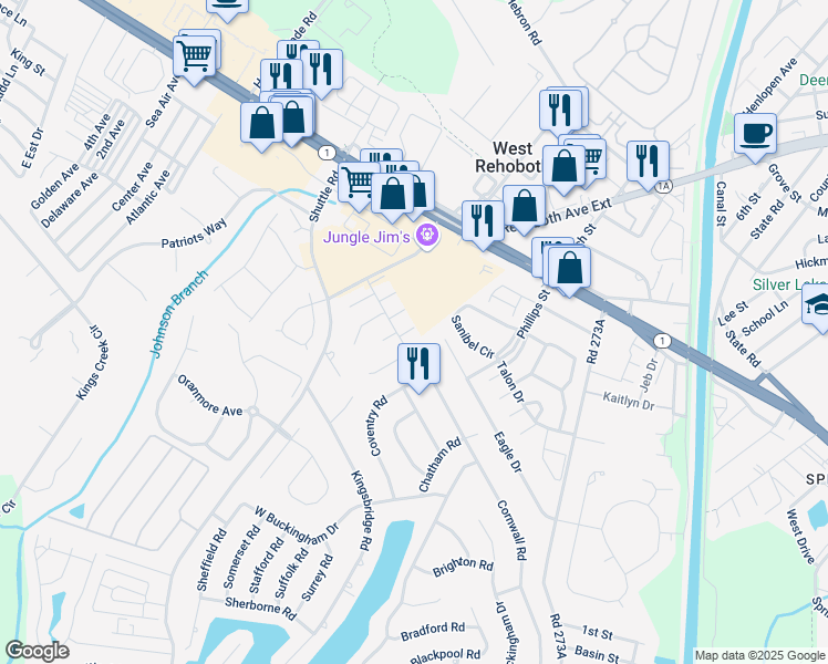 map of restaurants, bars, coffee shops, grocery stores, and more near 20368 Mallory Square Circle in Rehoboth Beach