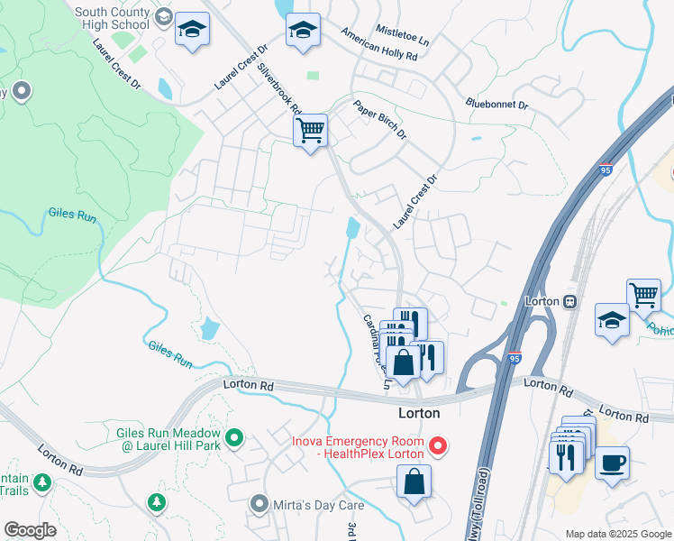 map of restaurants, bars, coffee shops, grocery stores, and more near 8316 Duck Hawk Way in Lorton