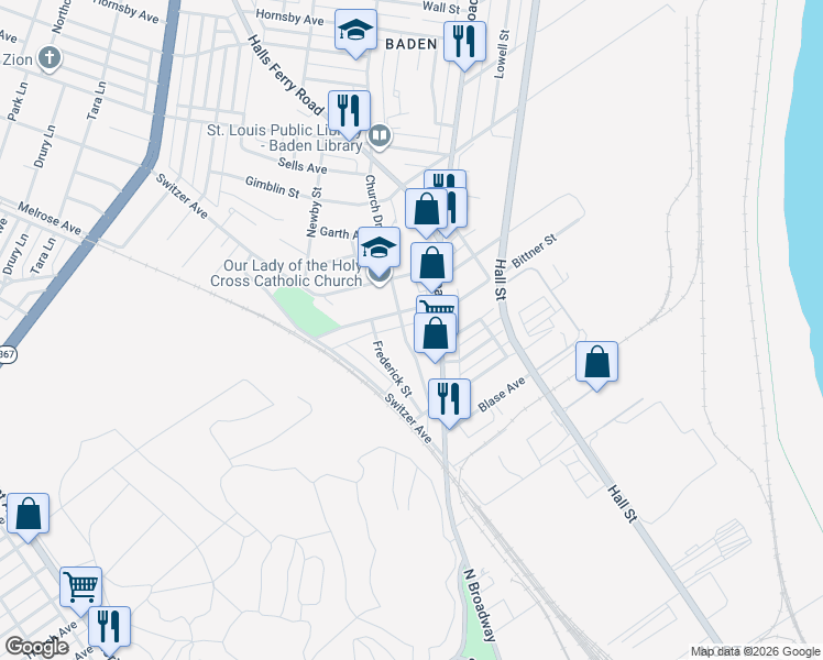 map of restaurants, bars, coffee shops, grocery stores, and more near 8010 Church Road in St. Louis