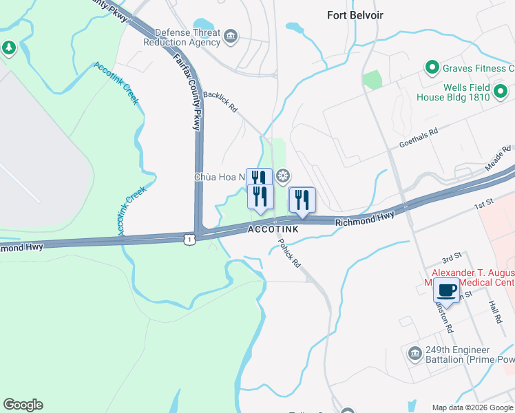 map of restaurants, bars, coffee shops, grocery stores, and more near 9142 Richmond Highway in Fort Belvoir