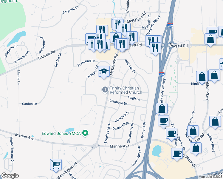 map of restaurants, bars, coffee shops, grocery stores, and more near 1703 McKelvey Road in Maryland Heights