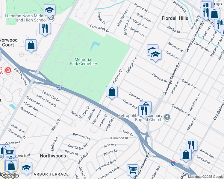 map of restaurants, bars, coffee shops, grocery stores, and more near 5301 College Avenue in Jennings