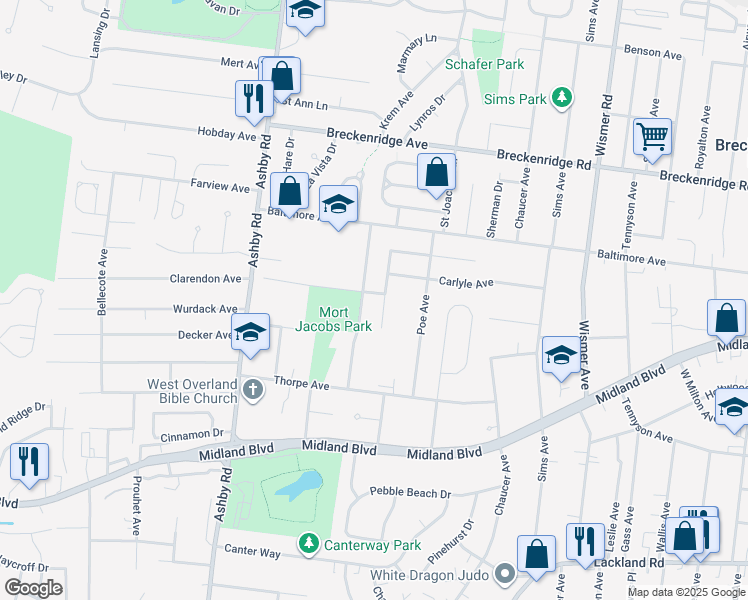 map of restaurants, bars, coffee shops, grocery stores, and more near 10256 Clarendon Avenue in St. Louis