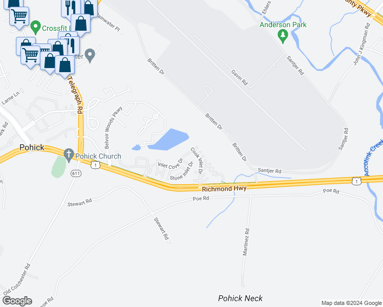 map of restaurants, bars, coffee shops, grocery stores, and more near 6913 Inlet Cove Drive in Fort Belvoir