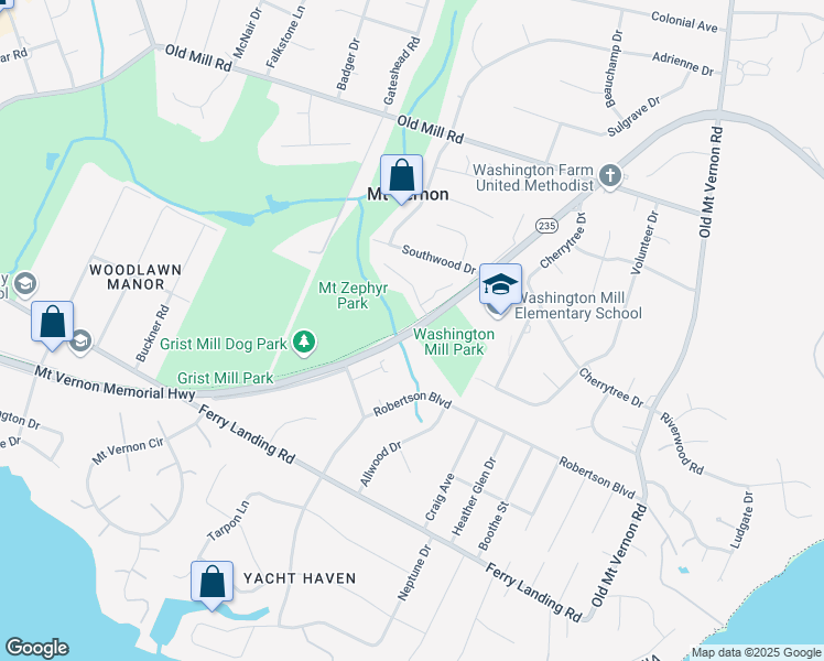 map of restaurants, bars, coffee shops, grocery stores, and more near Mount Vernon Memorial Highway in Fairfax County