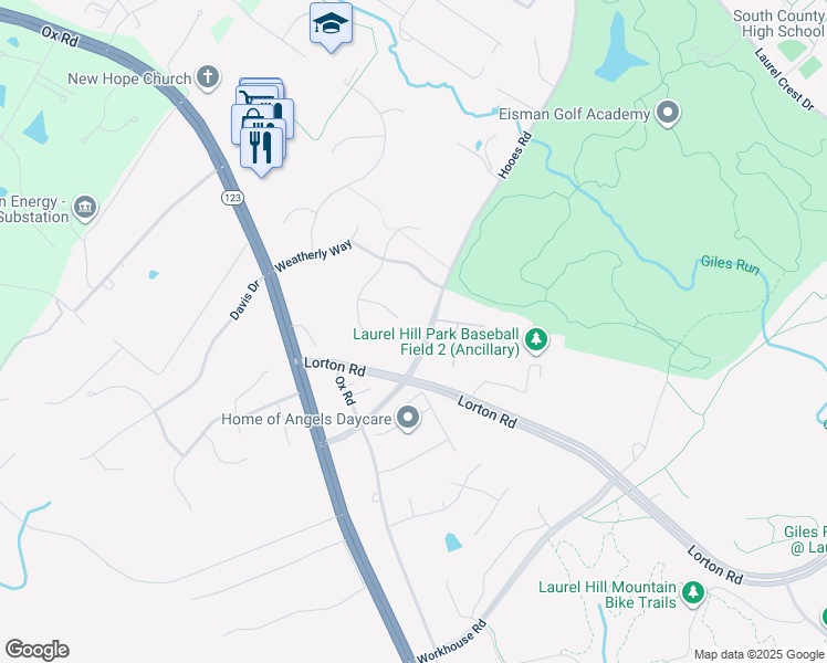 map of restaurants, bars, coffee shops, grocery stores, and more near 9101 Osprey Ridge Lane in Lorton