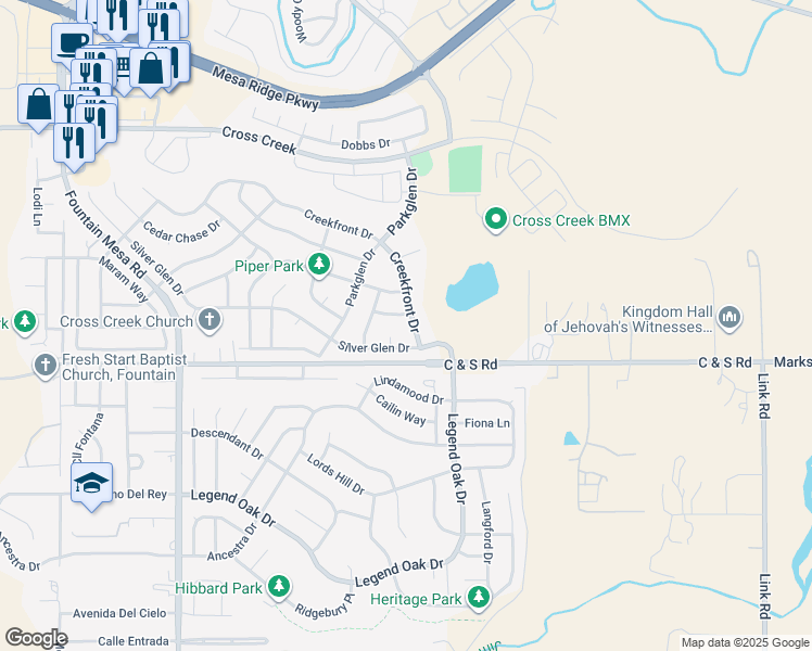 map of restaurants, bars, coffee shops, grocery stores, and more near 7815 Creekfront Drive in Fountain
