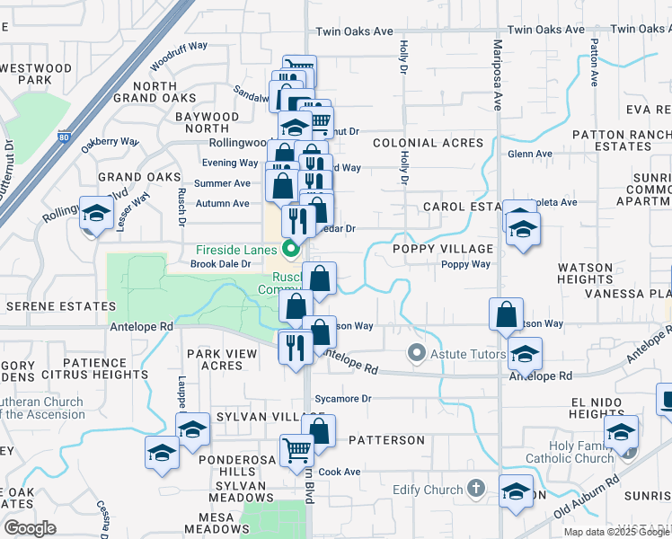 map of restaurants, bars, coffee shops, grocery stores, and more near 7868 Auburn Boulevard in Citrus Heights