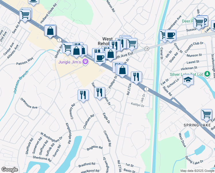 map of restaurants, bars, coffee shops, grocery stores, and more near 310 Blue Heron Drive in Rehoboth Beach