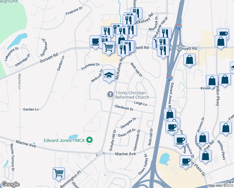 map of restaurants, bars, coffee shops, grocery stores, and more near 1703 McKelvey Road in Maryland Heights