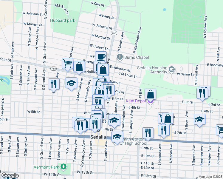 map of restaurants, bars, coffee shops, grocery stores, and more near 211 South Lamine Avenue in Sedalia