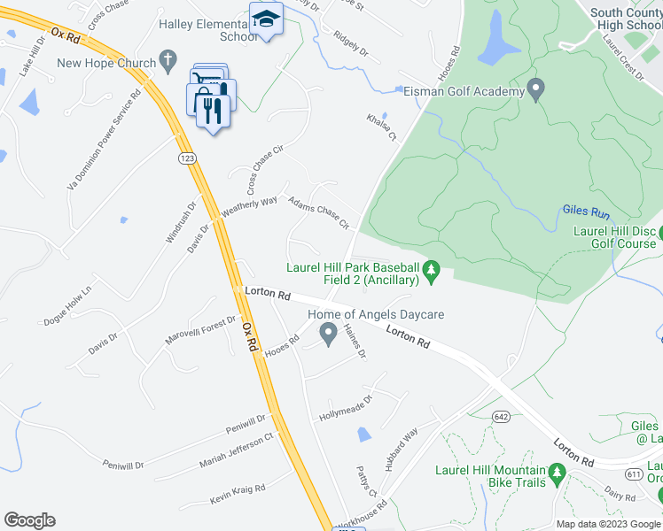 map of restaurants, bars, coffee shops, grocery stores, and more near 9101 Osprey Ridge Lane in Lorton
