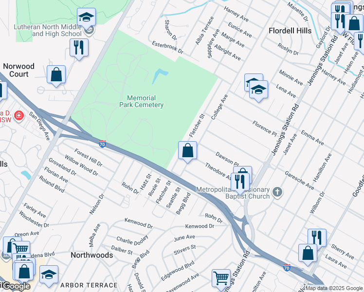 map of restaurants, bars, coffee shops, grocery stores, and more near 5301 College Avenue in Jennings