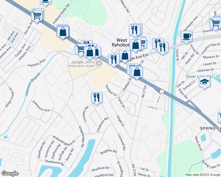 map of restaurants, bars, coffee shops, grocery stores, and more near 38 Eagle Drive in Rehoboth Beach