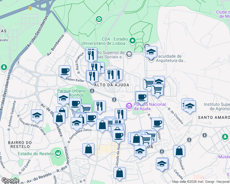 map of restaurants, bars, coffee shops, grocery stores, and more near Rua 2 in Lisboa