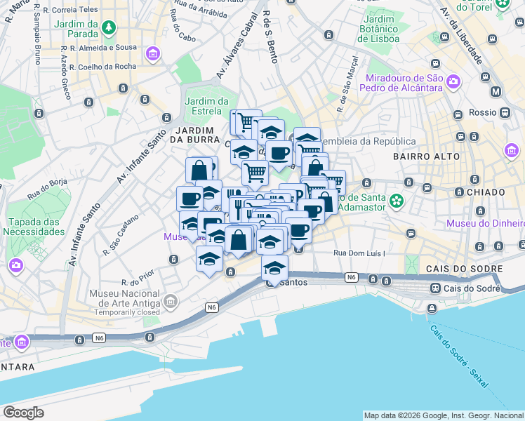 map of restaurants, bars, coffee shops, grocery stores, and more near 8 Rua do Quelhas in Lisbon