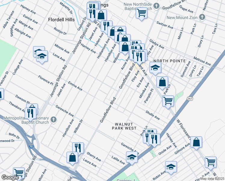 map of restaurants, bars, coffee shops, grocery stores, and more near 5535 Goodfellow Boulevard in St. Louis