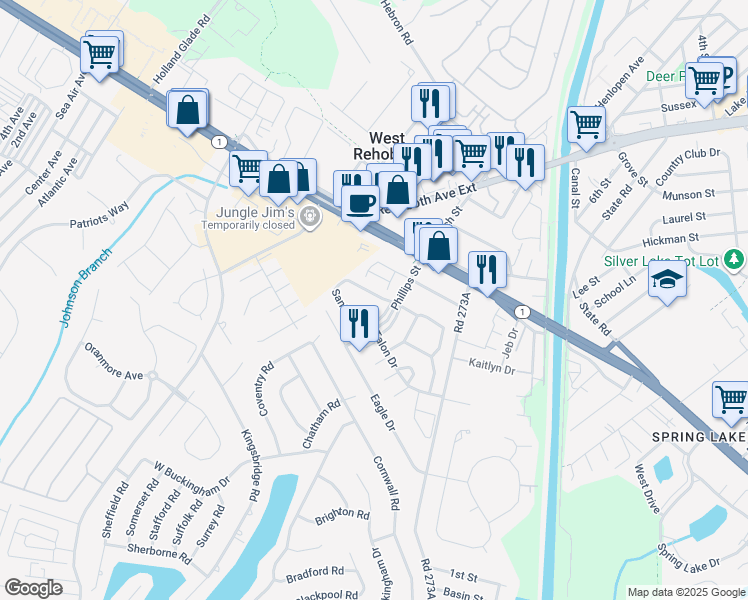 map of restaurants, bars, coffee shops, grocery stores, and more near 3800 Sanibel Circle in Rehoboth Beach
