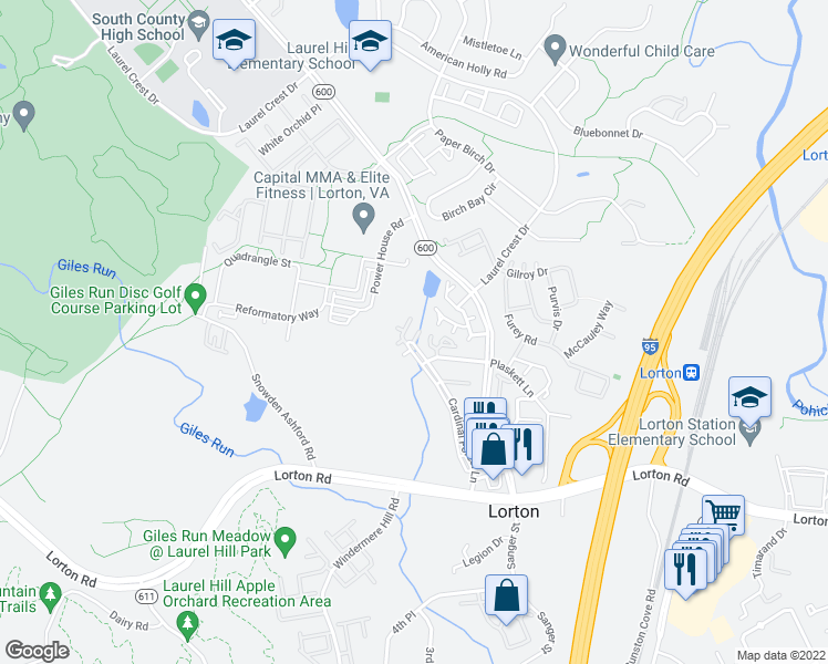 map of restaurants, bars, coffee shops, grocery stores, and more near 8306 Duck Hawk Way in Lorton