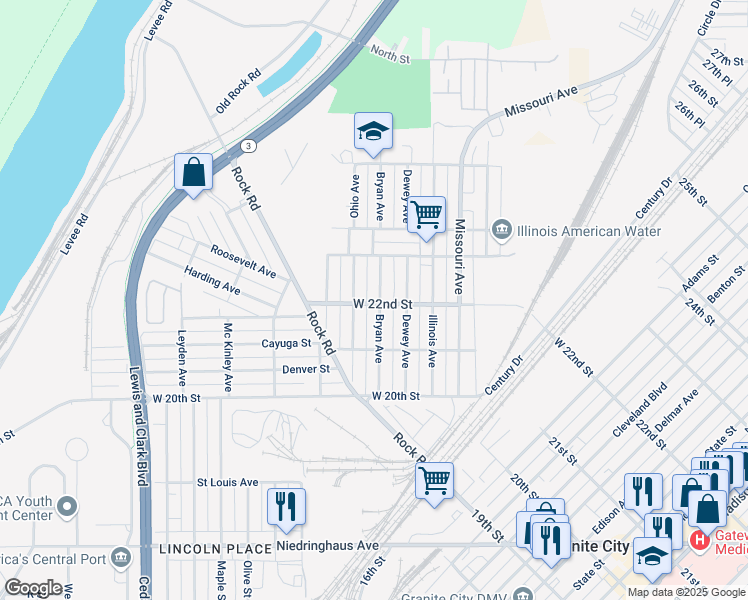 map of restaurants, bars, coffee shops, grocery stores, and more near 2128 Bryan Avenue in Granite City