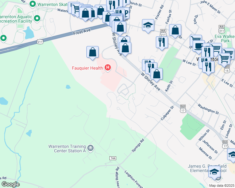 map of restaurants, bars, coffee shops, grocery stores, and more near 73 Sire Way in Warrenton