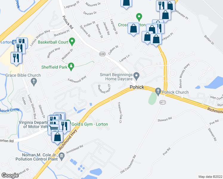 map of restaurants, bars, coffee shops, grocery stores, and more near 9159 Sheffield Hunt Court in Lorton