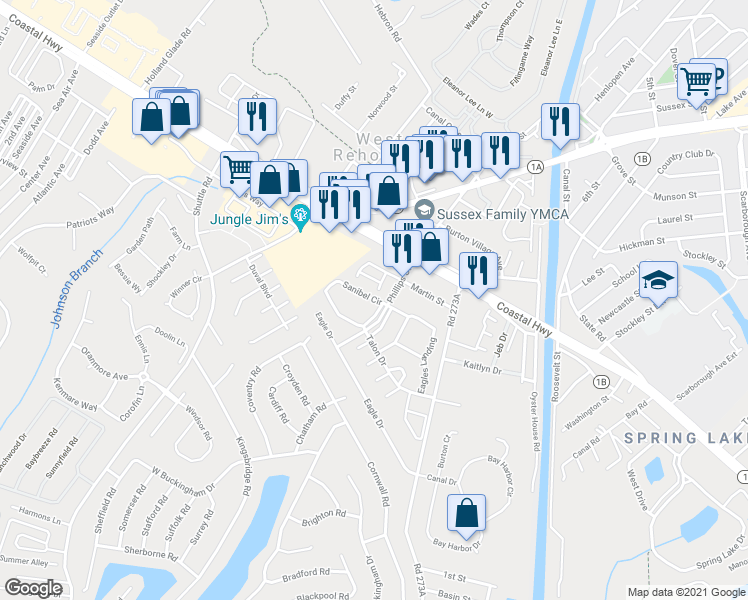 map of restaurants, bars, coffee shops, grocery stores, and more near 3700 Sanibel Circle in Rehoboth Beach