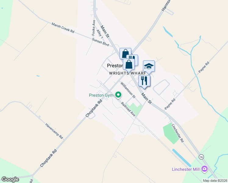 map of restaurants, bars, coffee shops, grocery stores, and more near 135 Maple Avenue in Preston