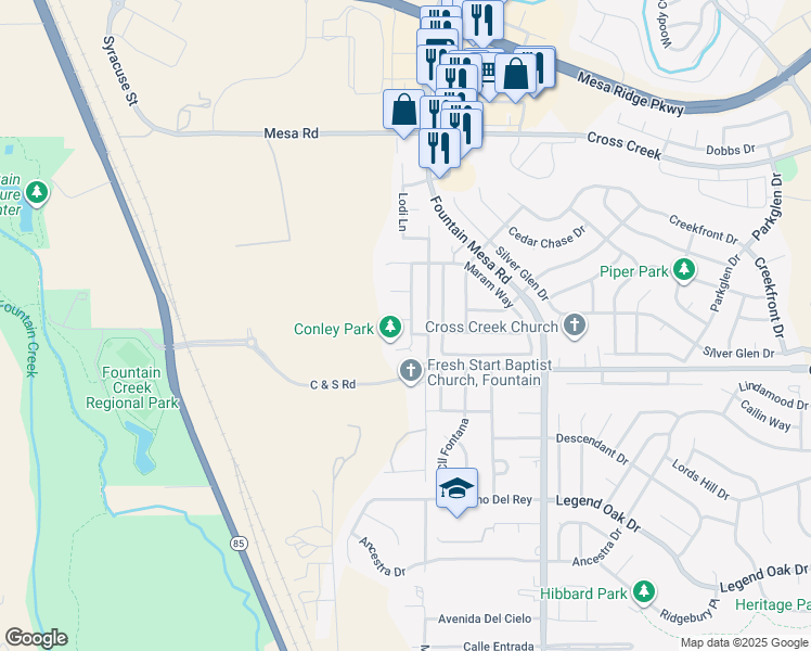 map of restaurants, bars, coffee shops, grocery stores, and more near 2200 Conley Boulevard in Fountain