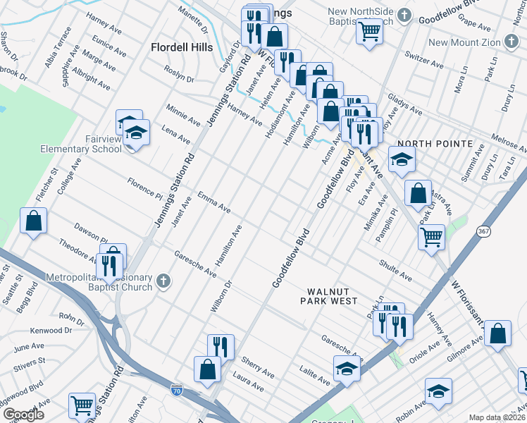 map of restaurants, bars, coffee shops, grocery stores, and more near 5501 Wilborn Drive in Jennings