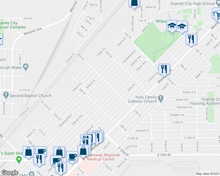 map of restaurants, bars, coffee shops, grocery stores, and more near 2460 Delmar Avenue in Granite City