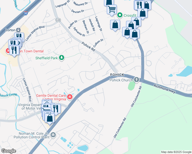 map of restaurants, bars, coffee shops, grocery stores, and more near 9159 Sheffield Hunt Court in Lorton