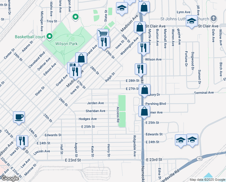 map of restaurants, bars, coffee shops, grocery stores, and more near 2534 28th Street in Granite City
