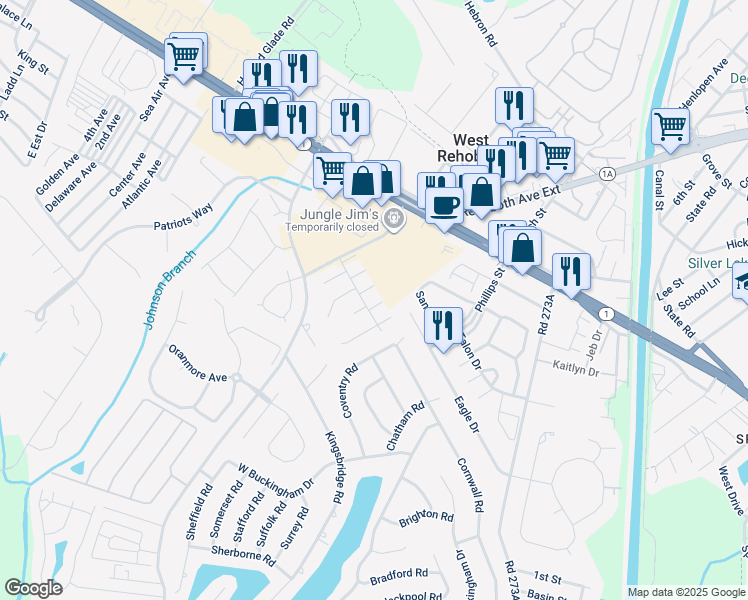 map of restaurants, bars, coffee shops, grocery stores, and more near 20291 Flagler Court in Rehoboth Beach