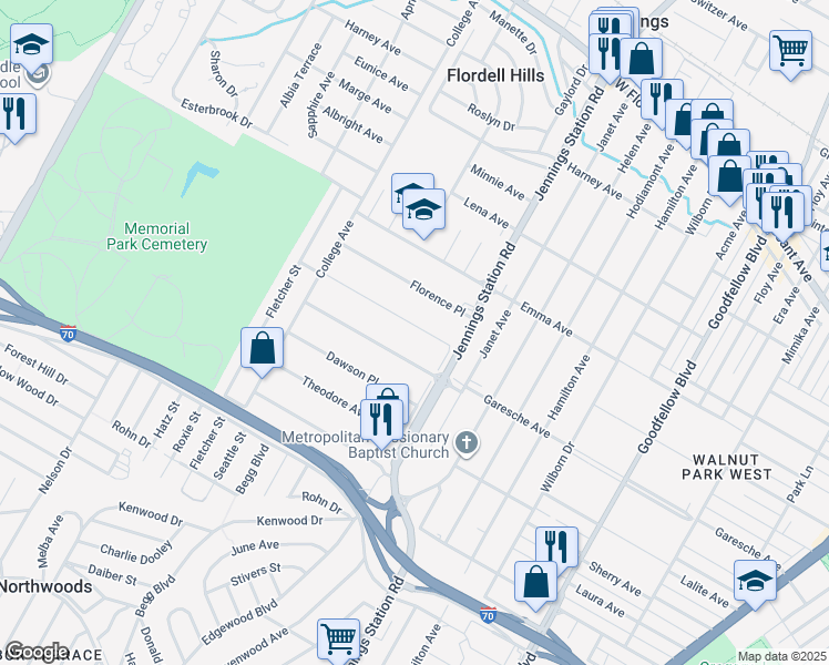 map of restaurants, bars, coffee shops, grocery stores, and more near 7032 Florence Place in Jennings