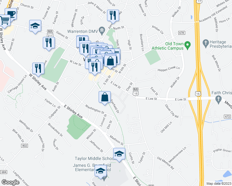 map of restaurants, bars, coffee shops, grocery stores, and more near 165C Leeds Court West in Warrenton