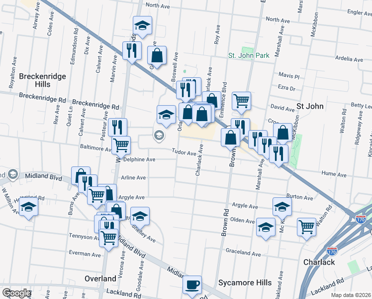 map of restaurants, bars, coffee shops, grocery stores, and more near 9017 Tudor Avenue in Overland