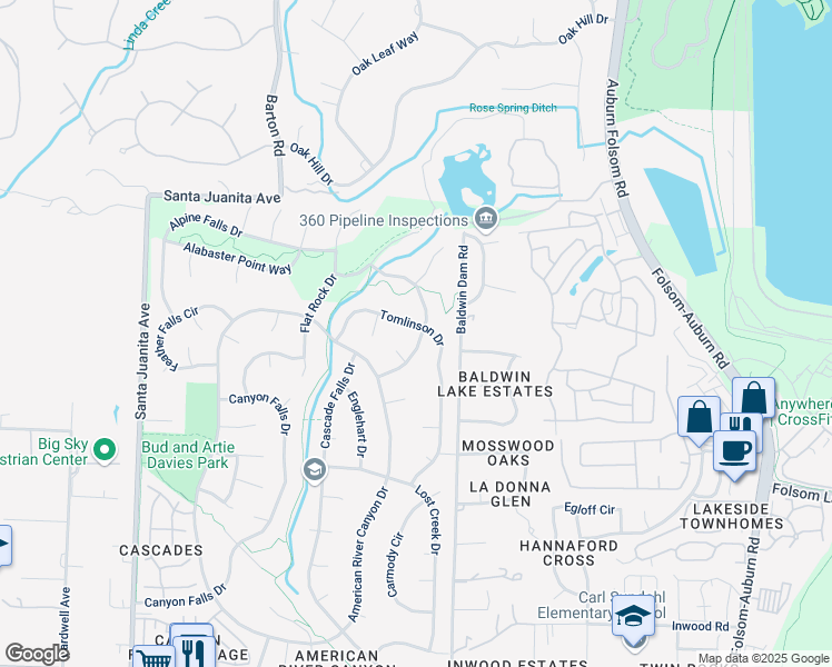 map of restaurants, bars, coffee shops, grocery stores, and more near 143 Tomlinson Drive in Folsom