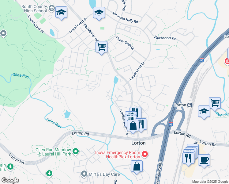 map of restaurants, bars, coffee shops, grocery stores, and more near 8301 Duck Hawk Way in Lorton