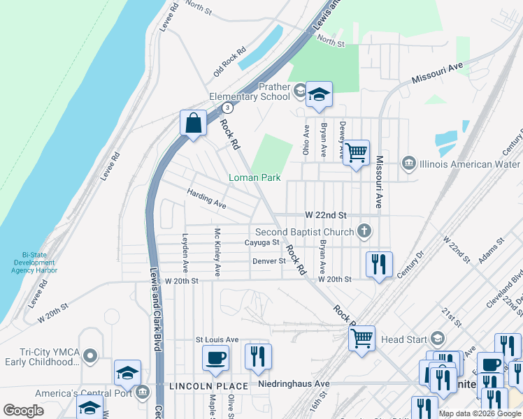 map of restaurants, bars, coffee shops, grocery stores, and more near 2702 Roosevelt Avenue in Granite City